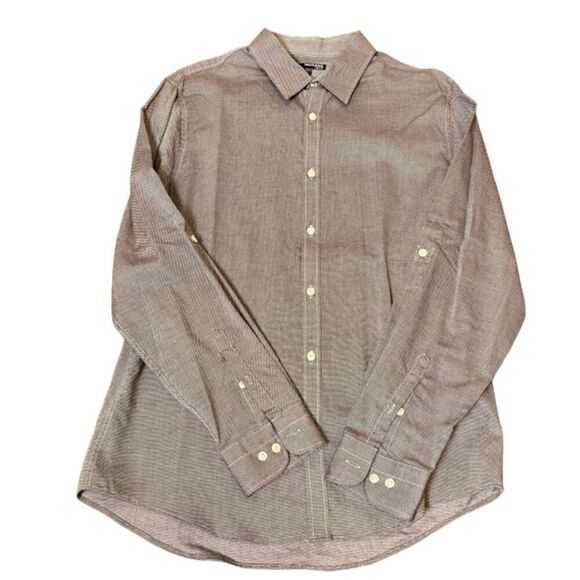 Murano Men's Slim Fit Button Front Shirt. Brown White dot Textured color Size L - Picture 1 of 9